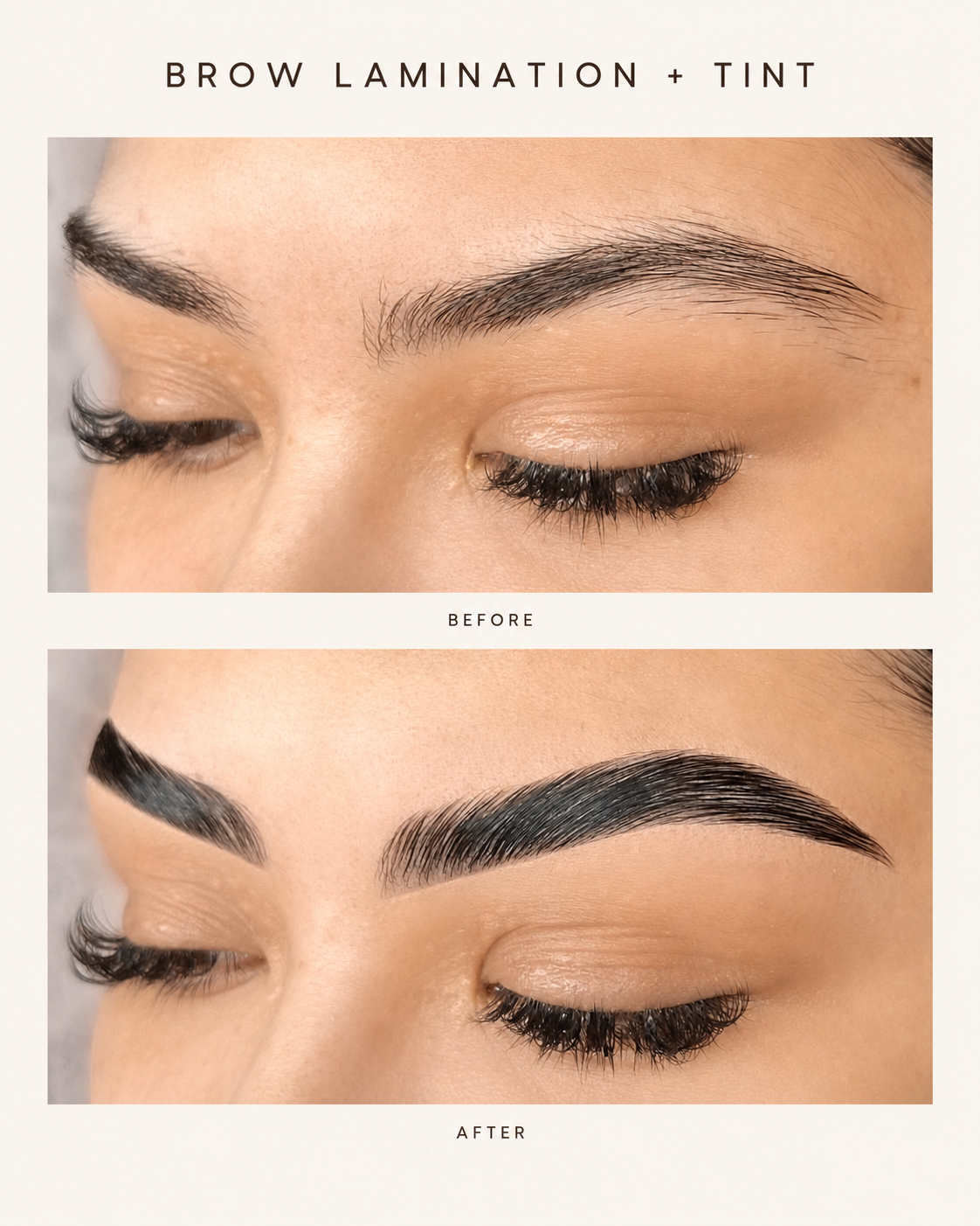 Before and after brow lamination and tint service result