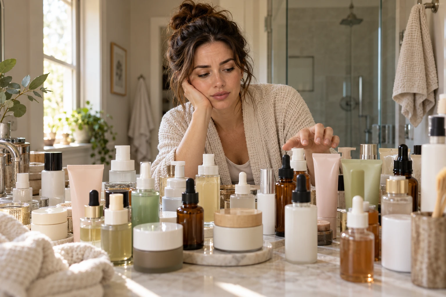 A woman considering an overwhelming collection of skincare bottles, serums, tubes, and jars on her bathroom counter.